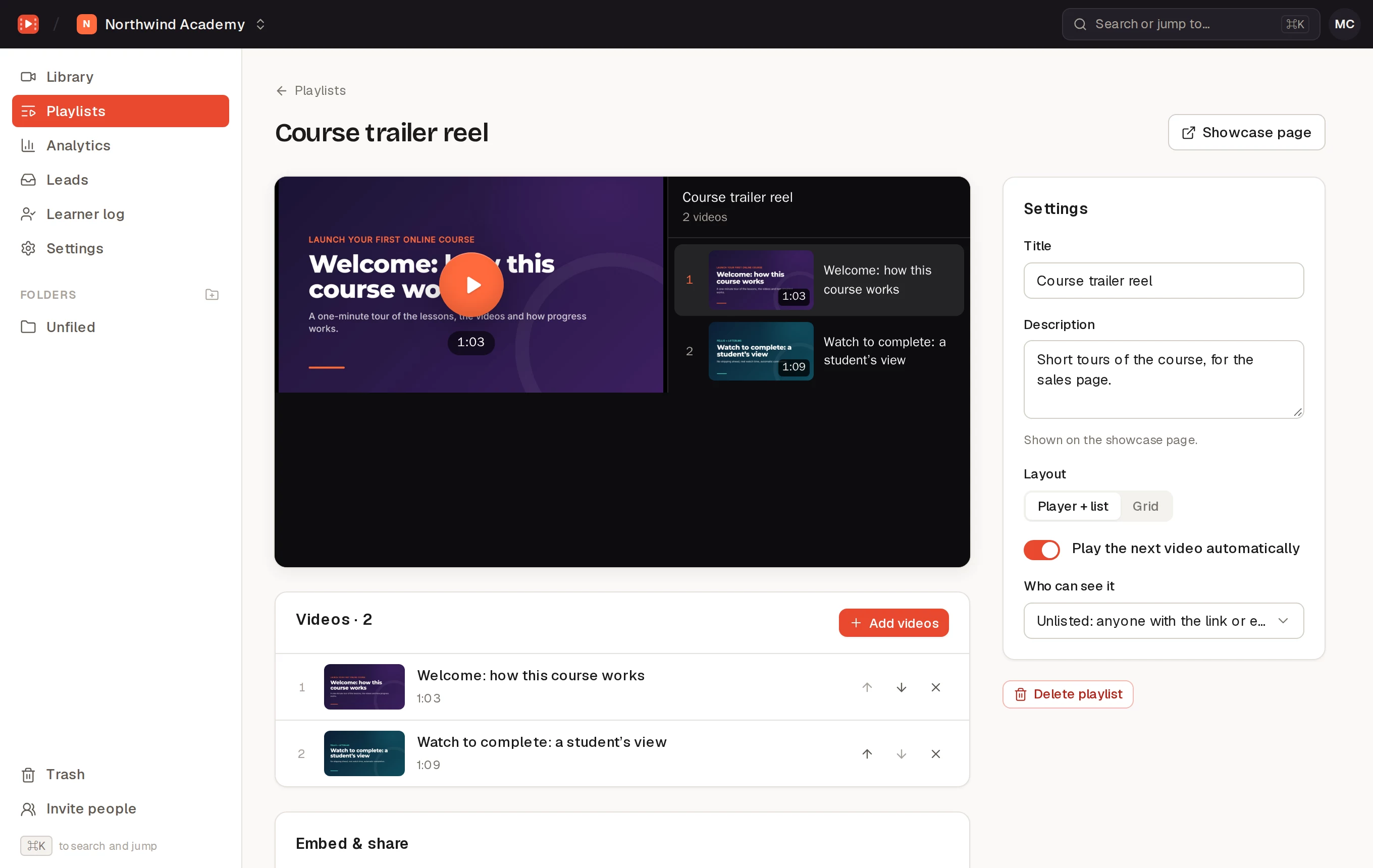 A playlist’s page: preview, videos and settings