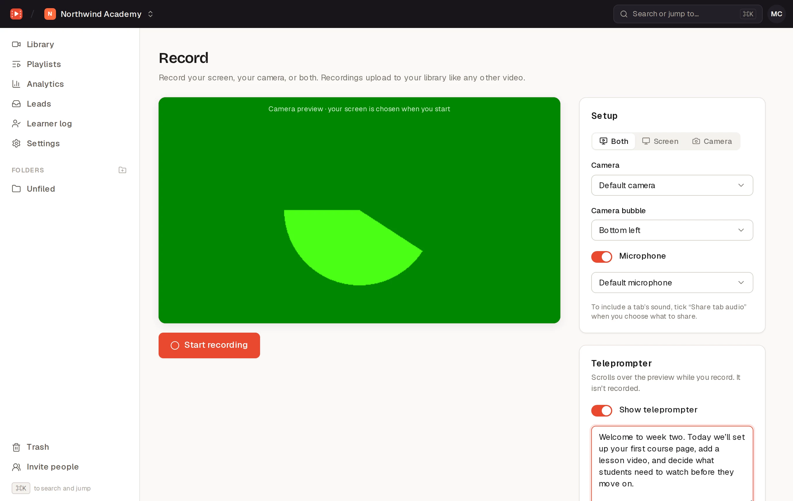 The Record page with the camera preview, setup options and teleprompter