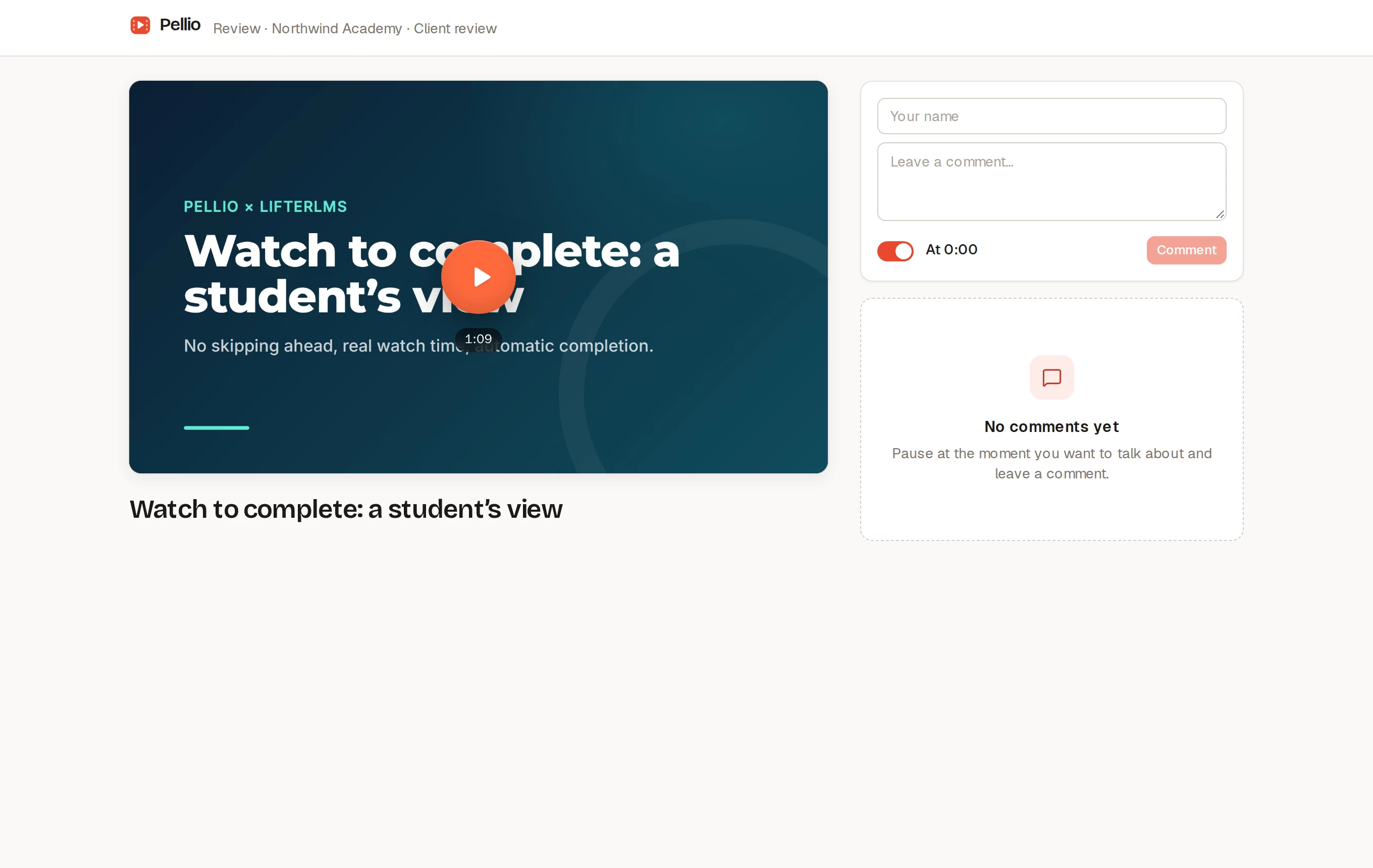 The guest review page: the video, with a comment box