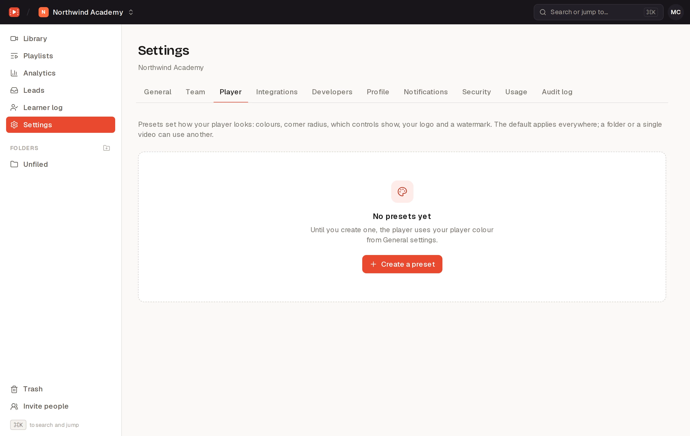 Settings → Player, with a preset and its live preview
