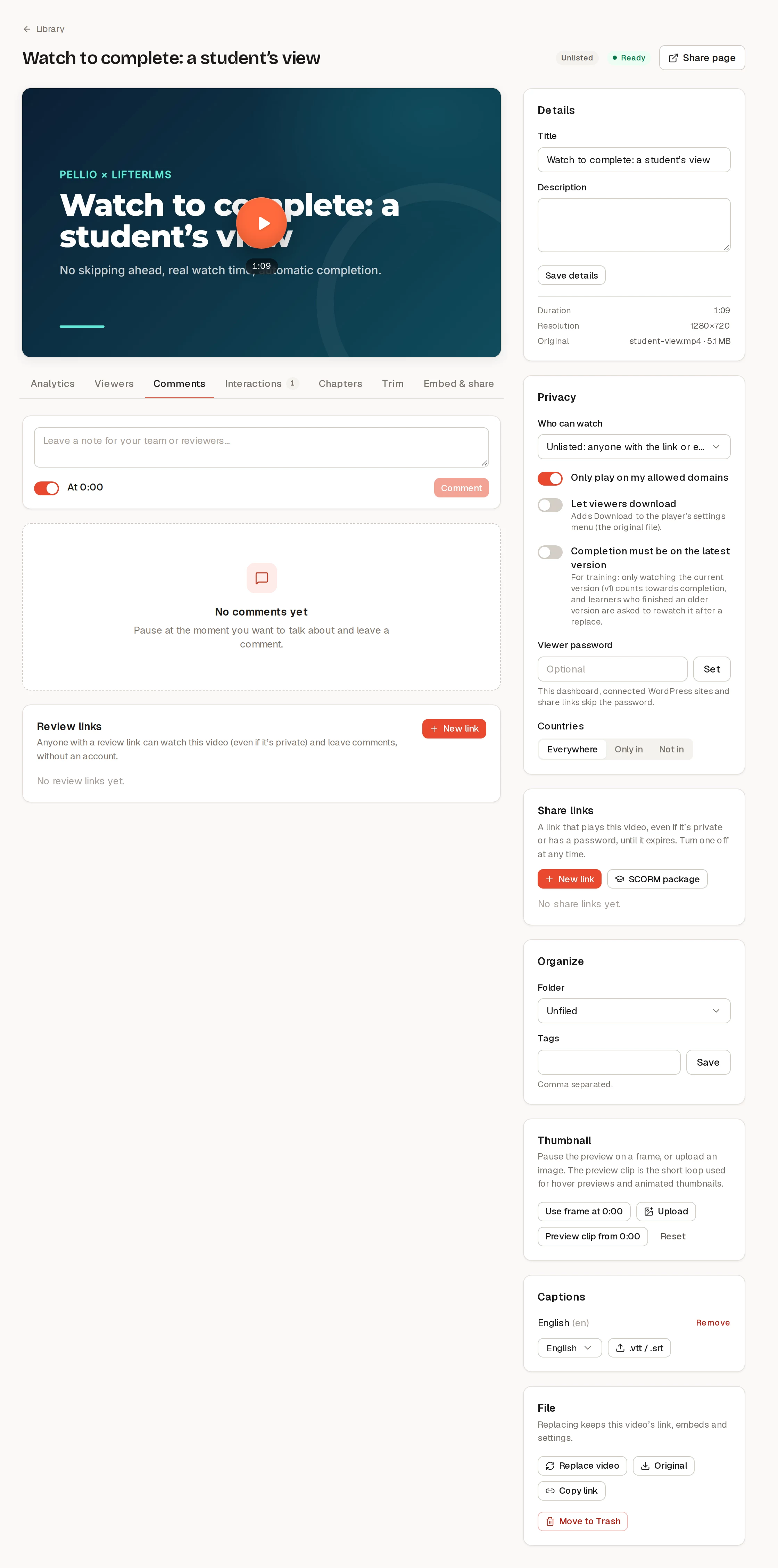 The Comments tab with time-coded comments and review links